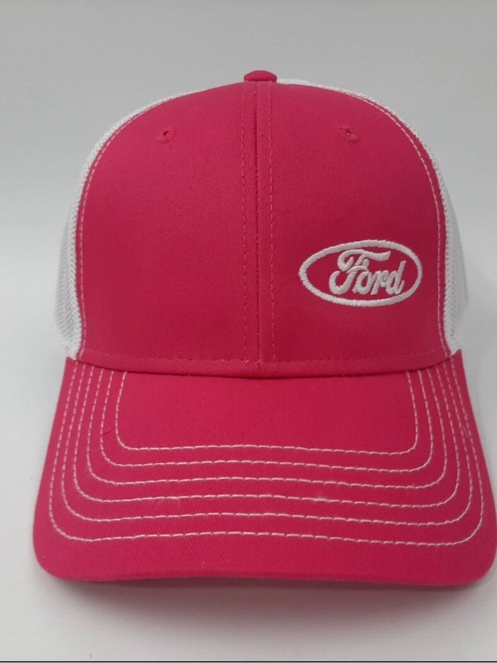 Ford Curved Bill Mesh Snapback Embroidered Cap Trucker Pink / White